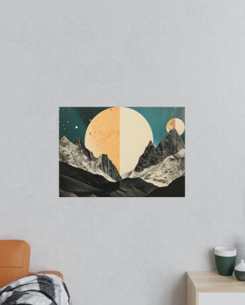 high contrast surreal collage, mountains and moons